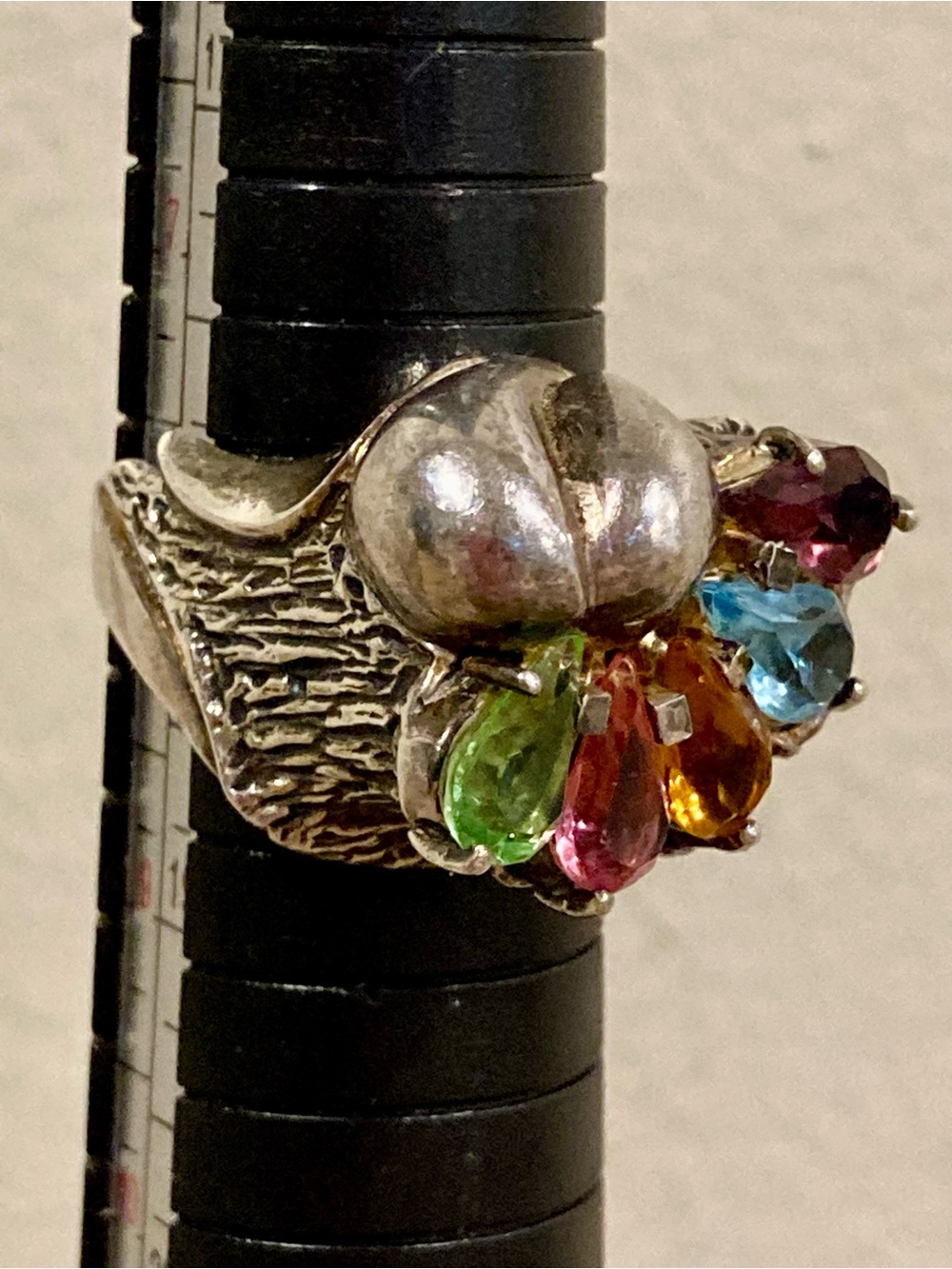 Rainbow Teardrop Gemstone Statement Ring Tree Bark Texture Silver Tone Size 8 - Picture 13 of 13